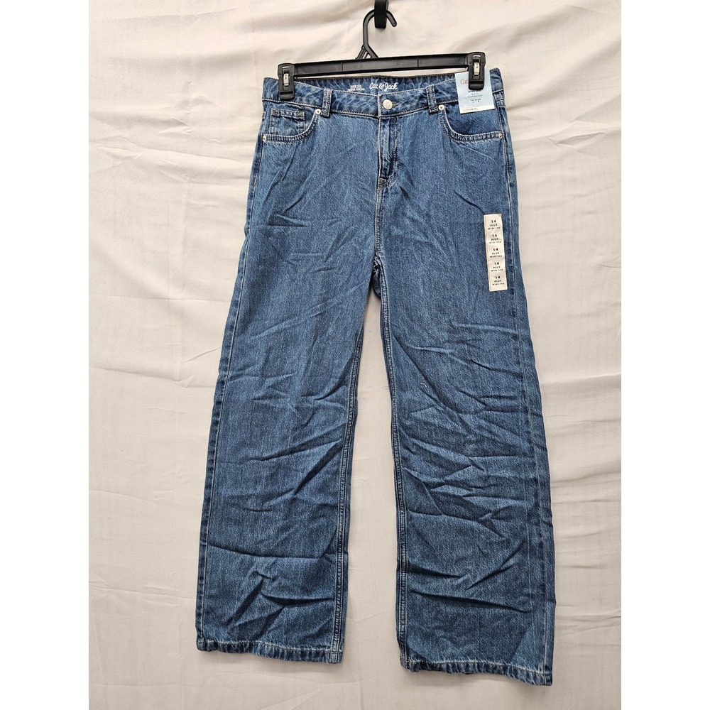 Cat & Jack Girls Wide Leg Mid Rise Jeans Blue Cotton Casual Size 14 PLUS